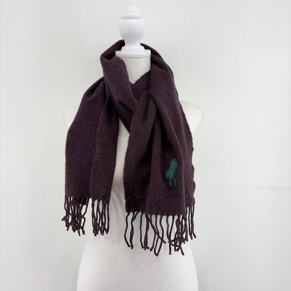 Polo Ralph Lauren Burgundy Lambswool Big Pony Scarf Made in Italy Green Pony 90s